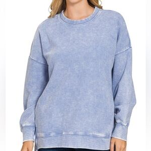 Washed Light Blue Ribbed Crewneck Sweatshirt